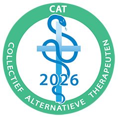 Logo van het Collectief Alternatieve Therapeuten met een caduceus en het jaartal 2025. Coach en therapeut.