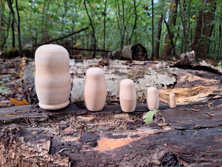 Vijf baboeschka poppen van verschillende groottes, op een houten oppervlak geplaatst. Coach en therapeut.